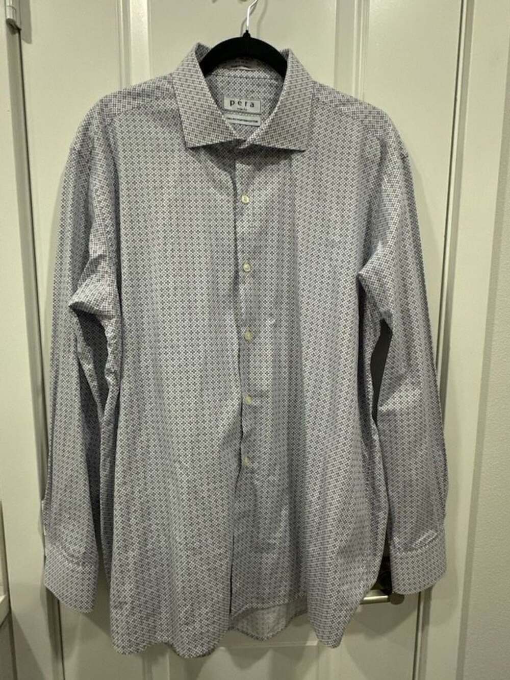 Pera Dress Shirt Size 17.5 34-35 Blue Geometric Trim Fit Egyptian Cotton